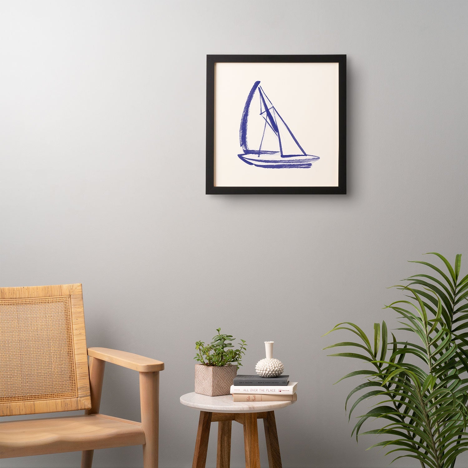 Intemporalis Sailboat Drawing Blue White Framed Wall Art