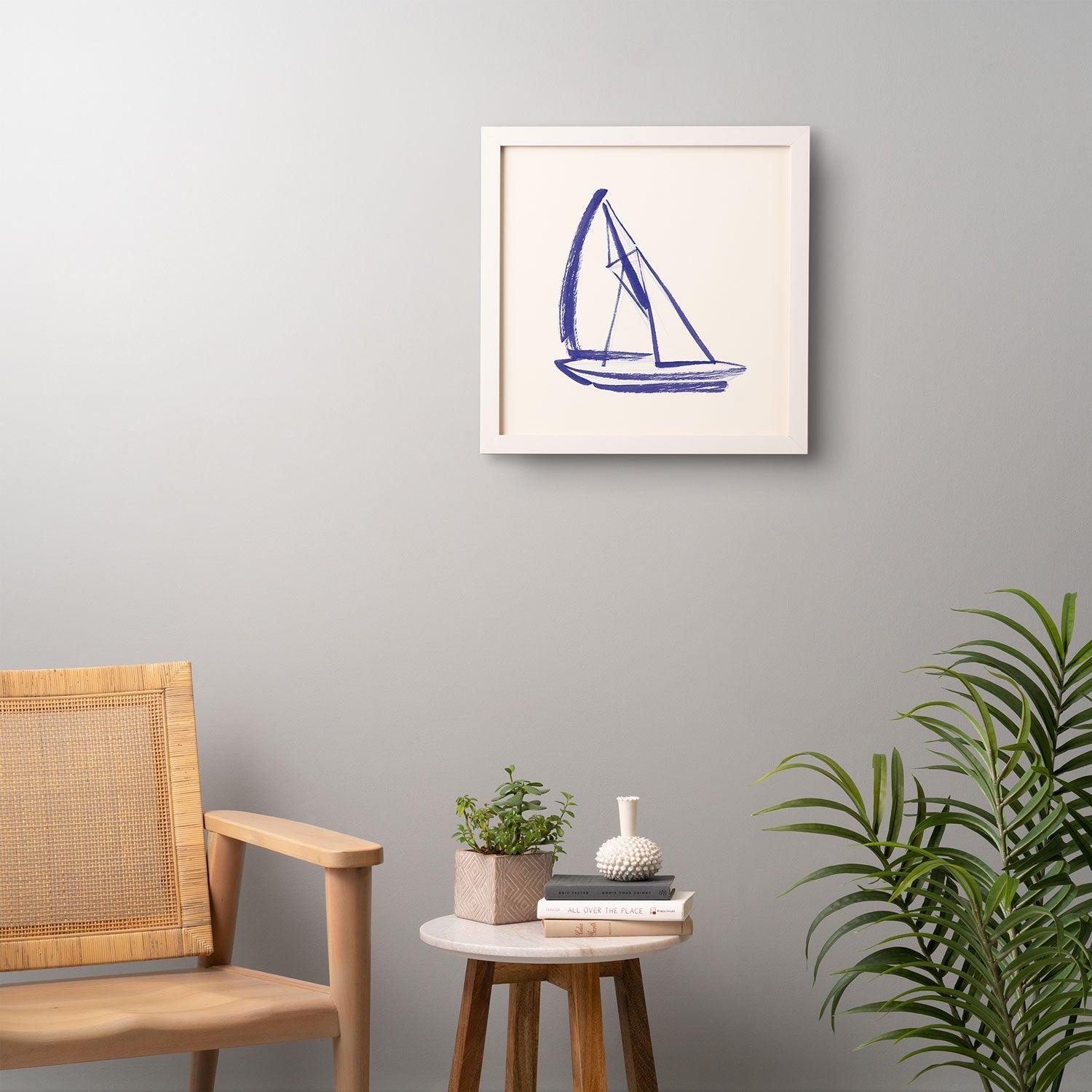 Intemporalis Sailboat Drawing Blue White Framed Wall Art