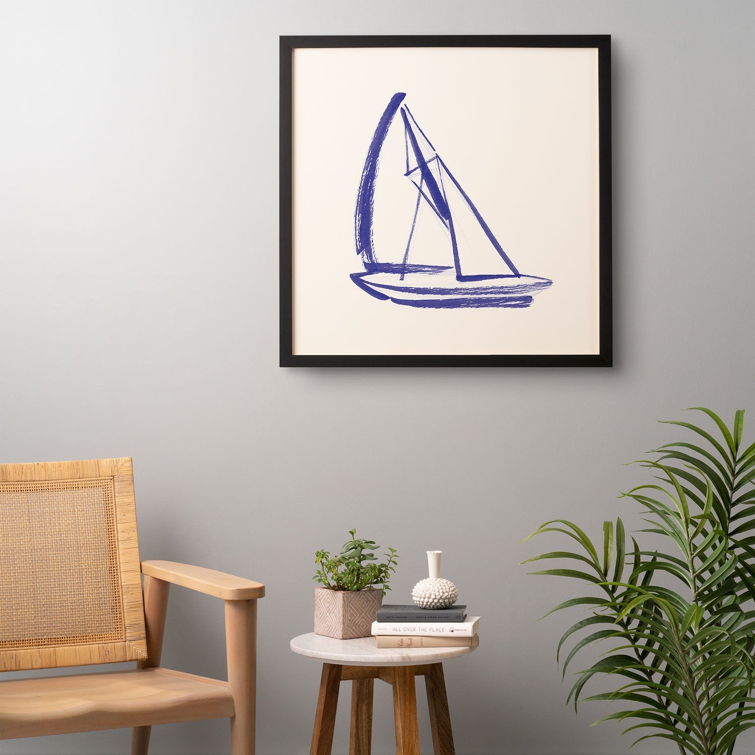 Intemporalis Sailboat Drawing Blue White Framed Wall Art
