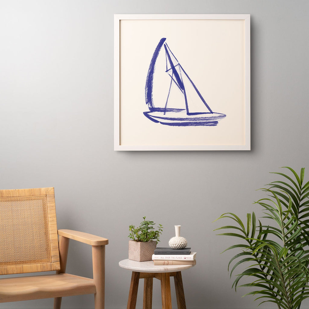 Intemporalis Sailboat Drawing Blue White Framed Wall Art