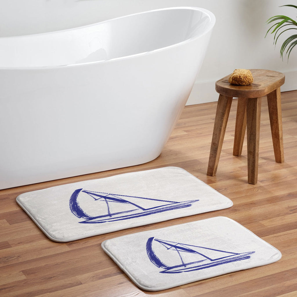 Intemporalis Sailboat Drawing Blue White Memory Foam Bath Mat