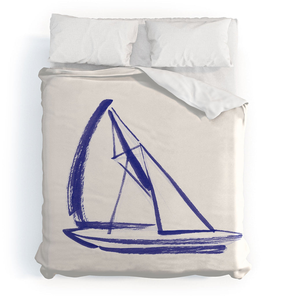 Intemporalis Sailboat Drawing Blue White Duvet Cover