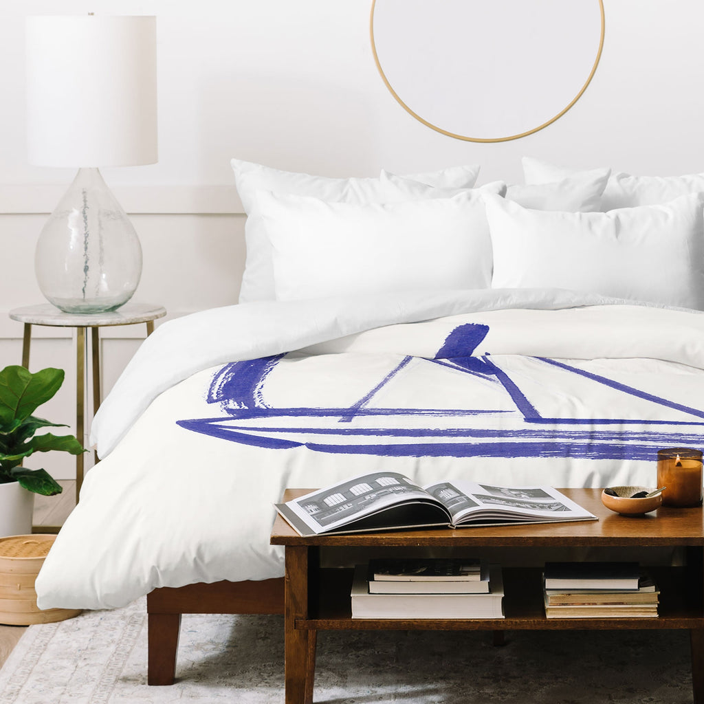 Intemporalis Sailboat Drawing Blue White Duvet Cover