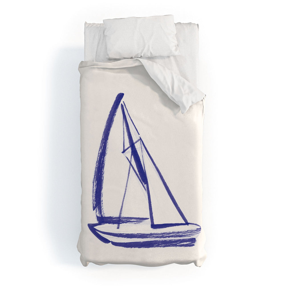 Intemporalis Sailboat Drawing Blue White Duvet Cover
