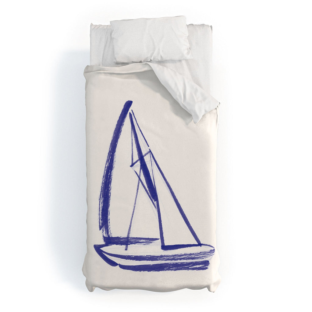 Intemporalis Sailboat Drawing Blue White Duvet Cover
