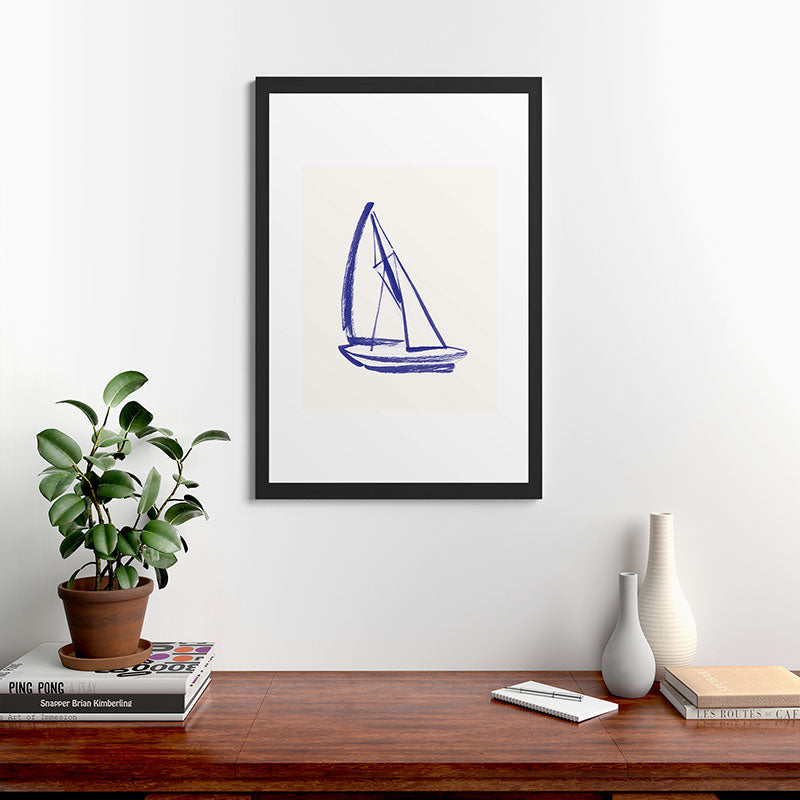 Intemporalis Sailboat Drawing Blue White Framed Art Print