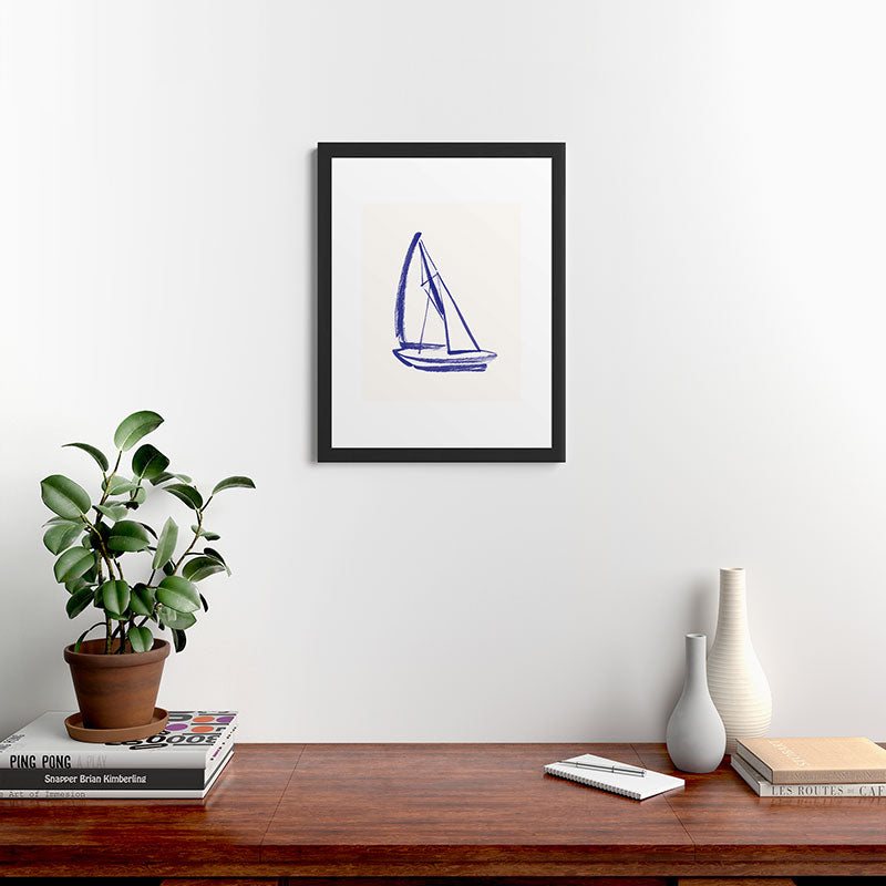 Intemporalis Sailboat Drawing Blue White Framed Art Print