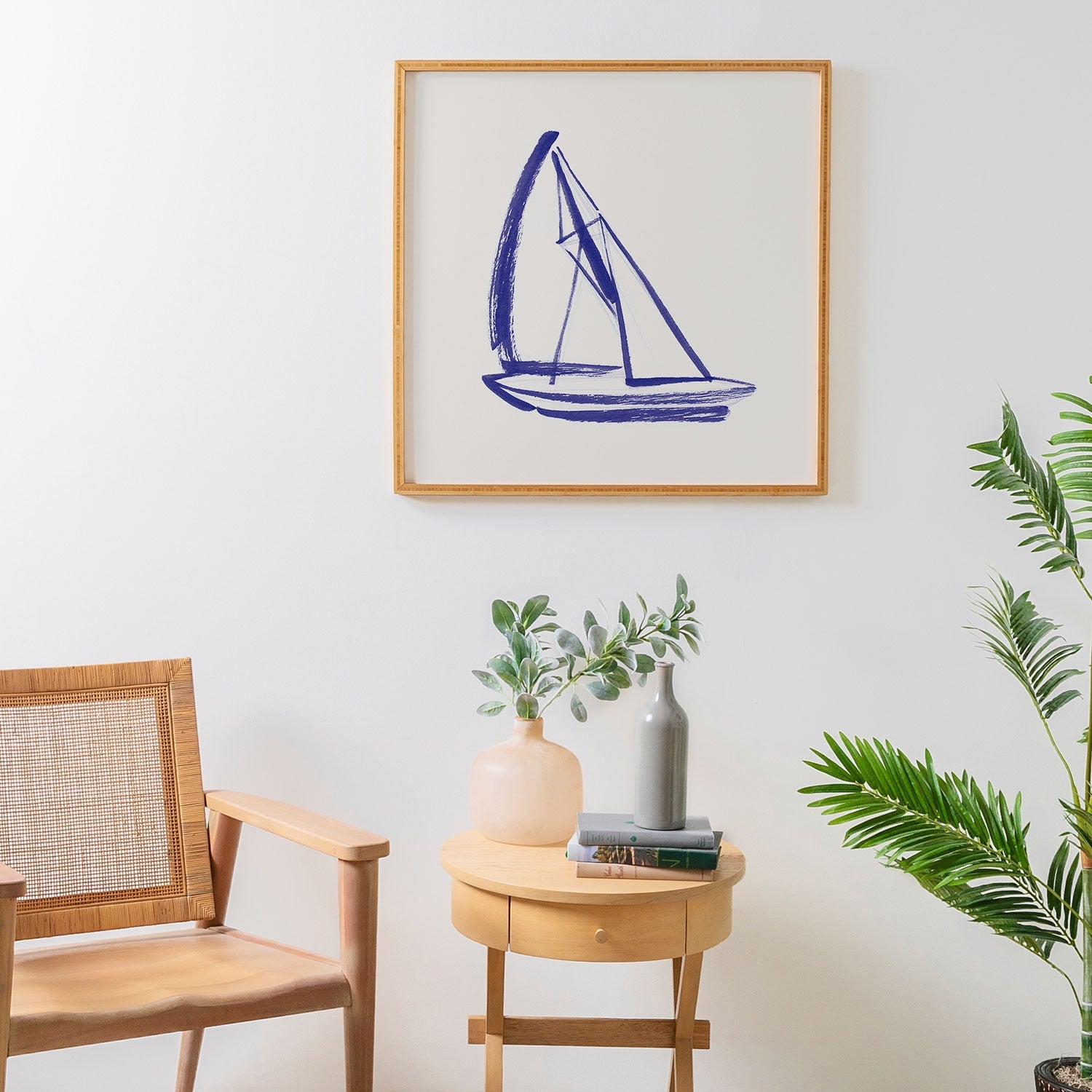 Intemporalis Sailboat Drawing Blue White Framed Wall Art