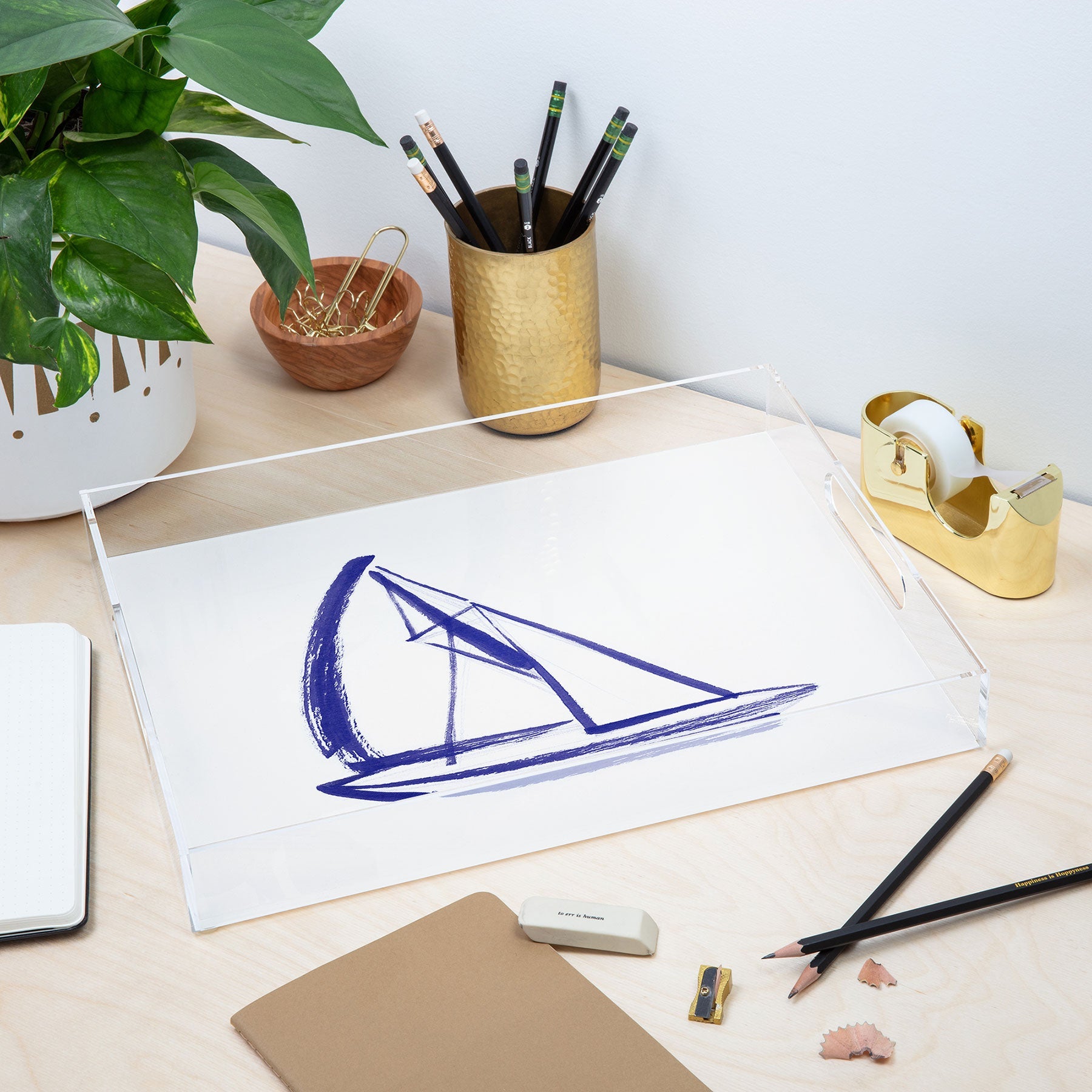 Intemporalis Sailboat Drawing Blue White Acrylic Tray