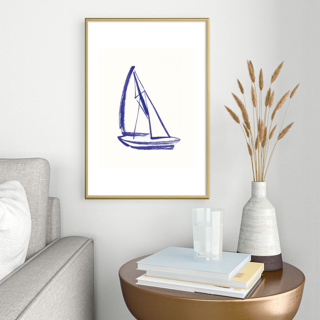 Intemporalis Sailboat Drawing Blue White Metal Framed Art Print