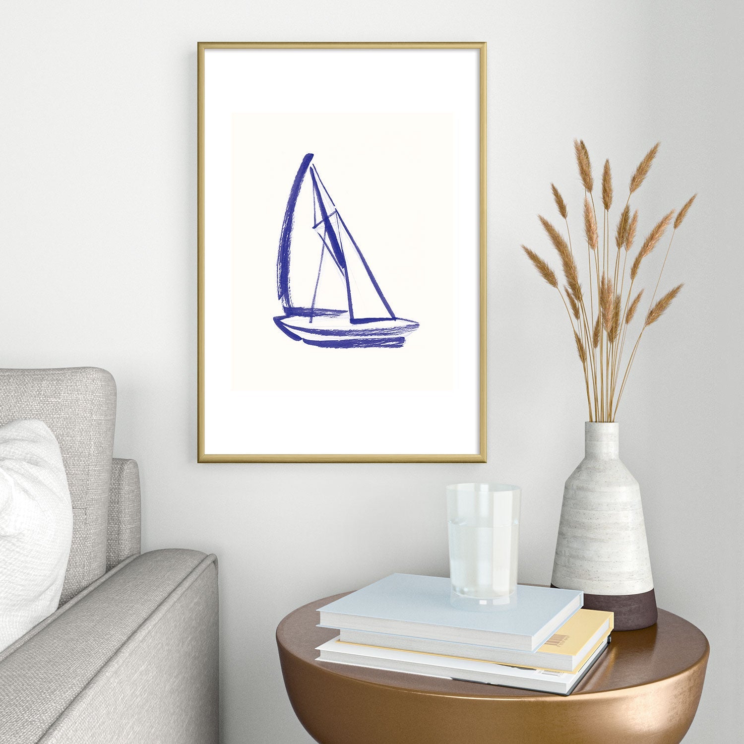 Intemporalis Sailboat Drawing Blue White Metal Framed Art Print