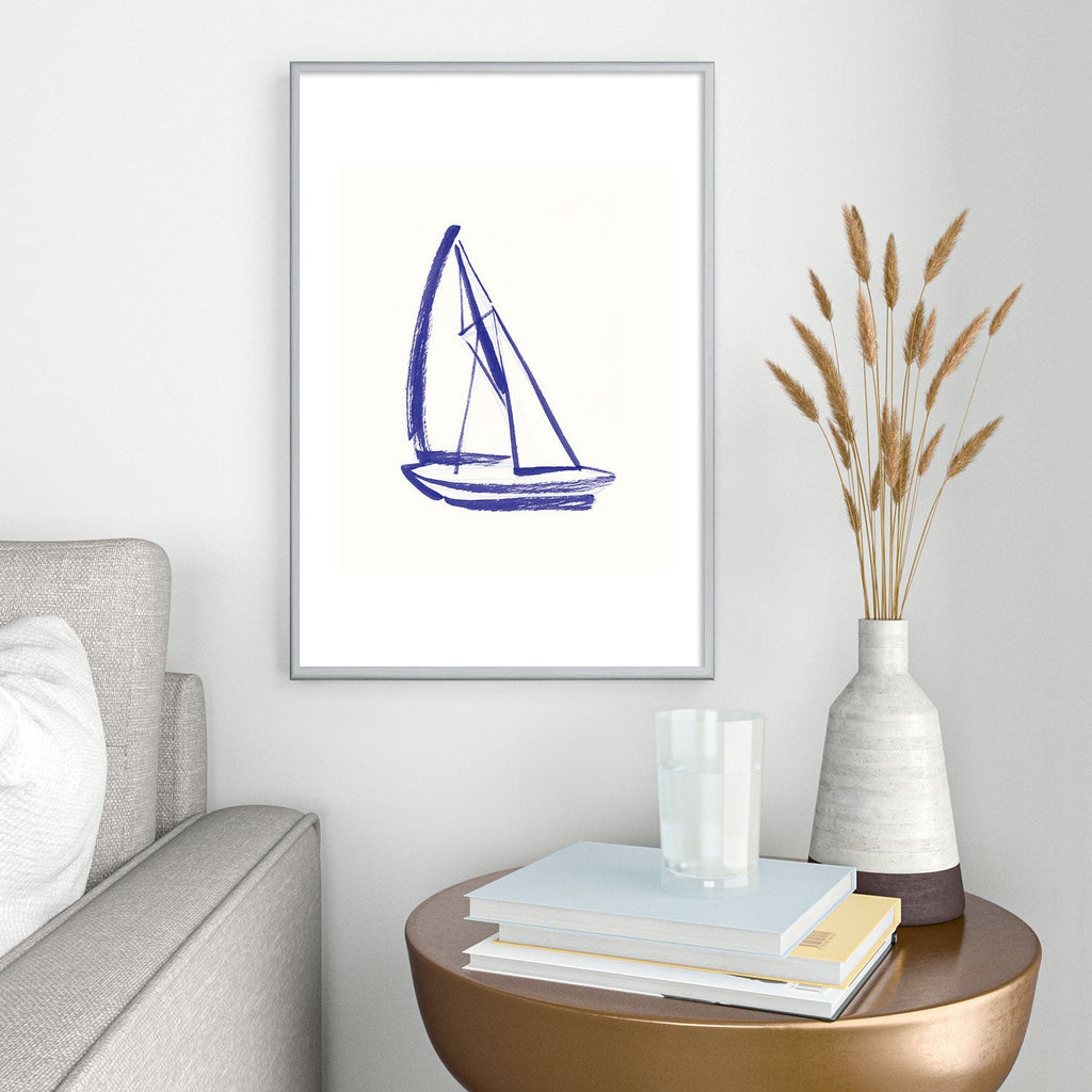 Intemporalis Sailboat Drawing Blue White Metal Framed Art Print