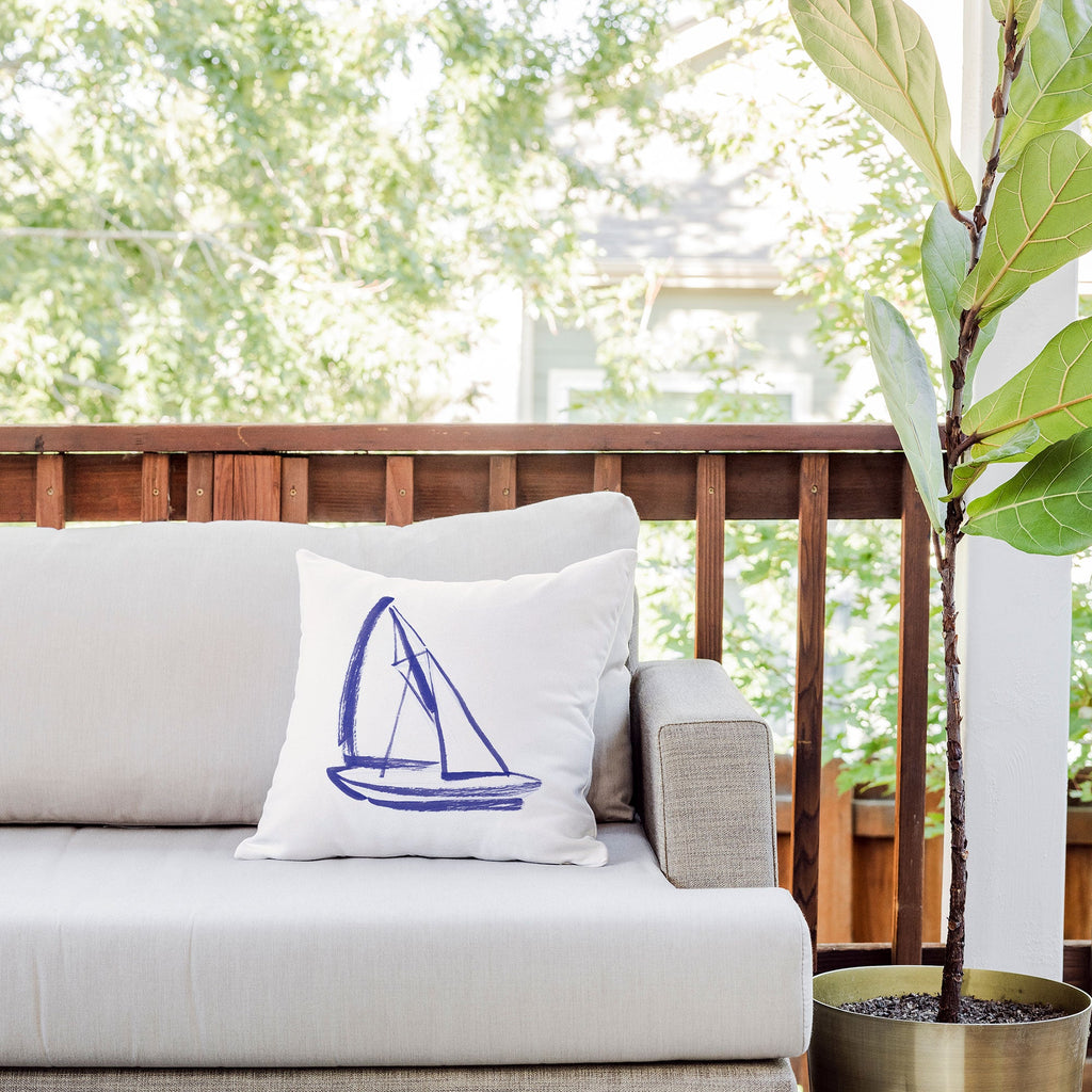 Intemporalis Sailboat Drawing Blue White Outdoor Throw Pillow