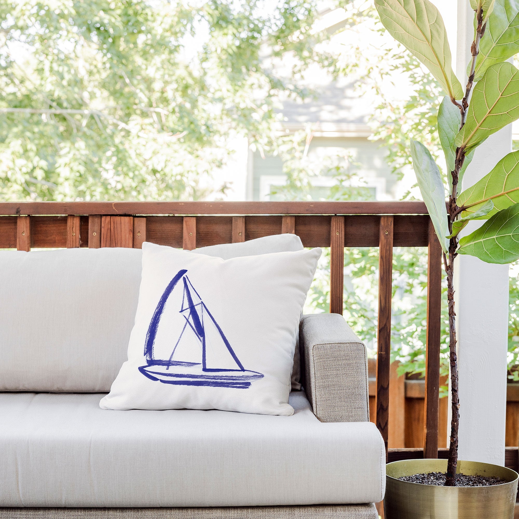 Intemporalis Sailboat Drawing Blue White Outdoor Throw Pillow