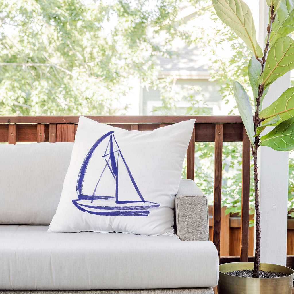 Intemporalis Sailboat Drawing Blue White Outdoor Throw Pillow