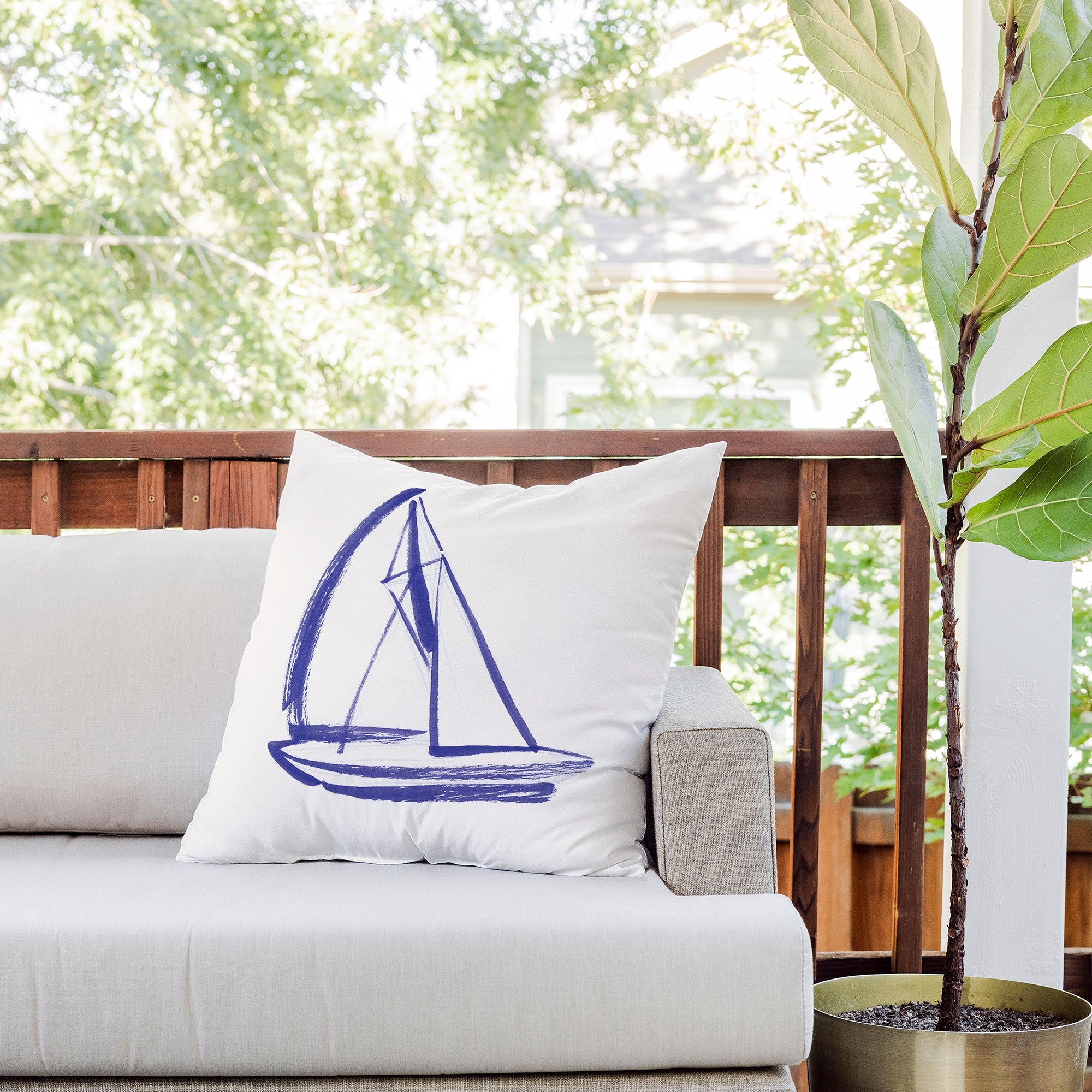 Intemporalis Sailboat Drawing Blue White Outdoor Throw Pillow