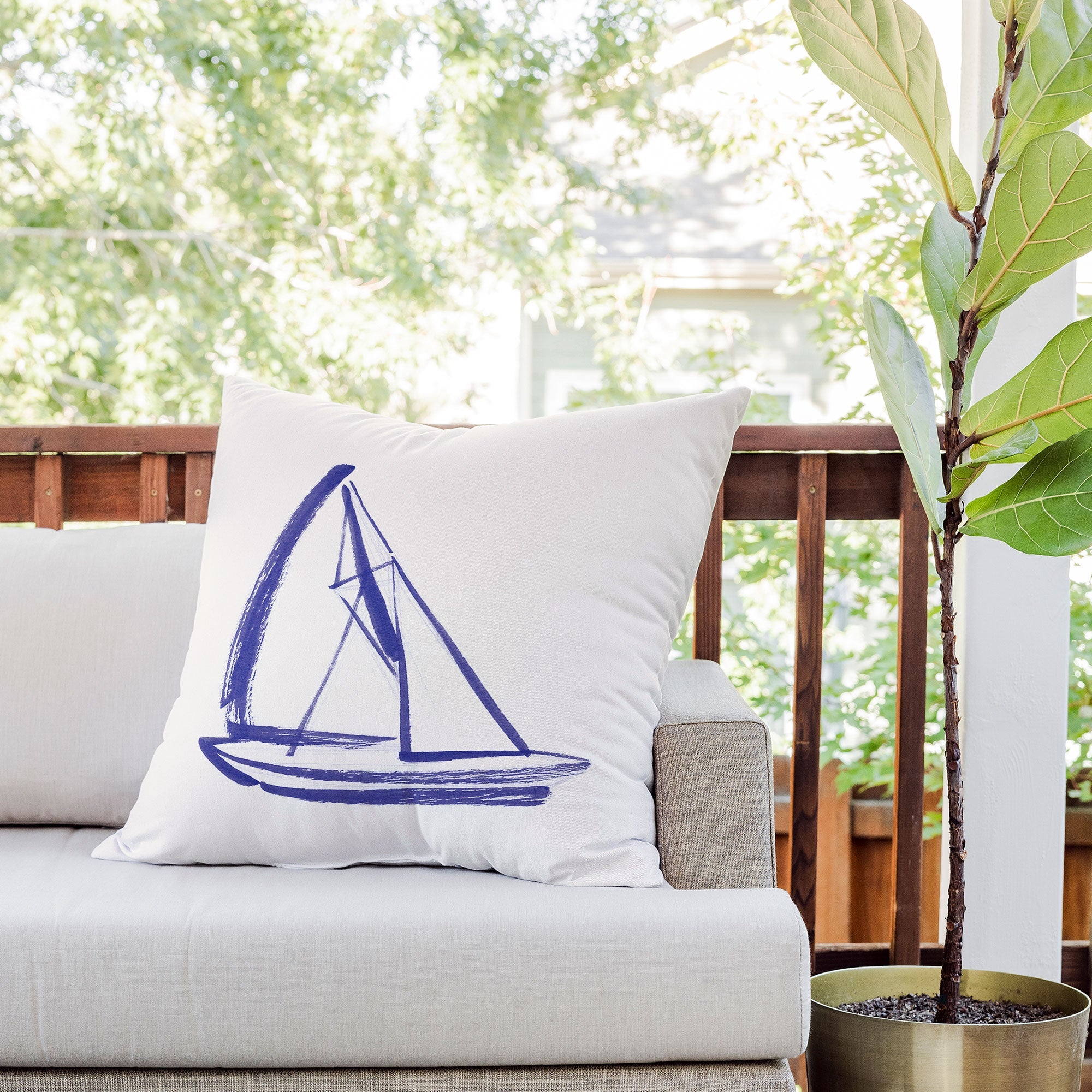 Intemporalis Sailboat Drawing Blue White Outdoor Throw Pillow