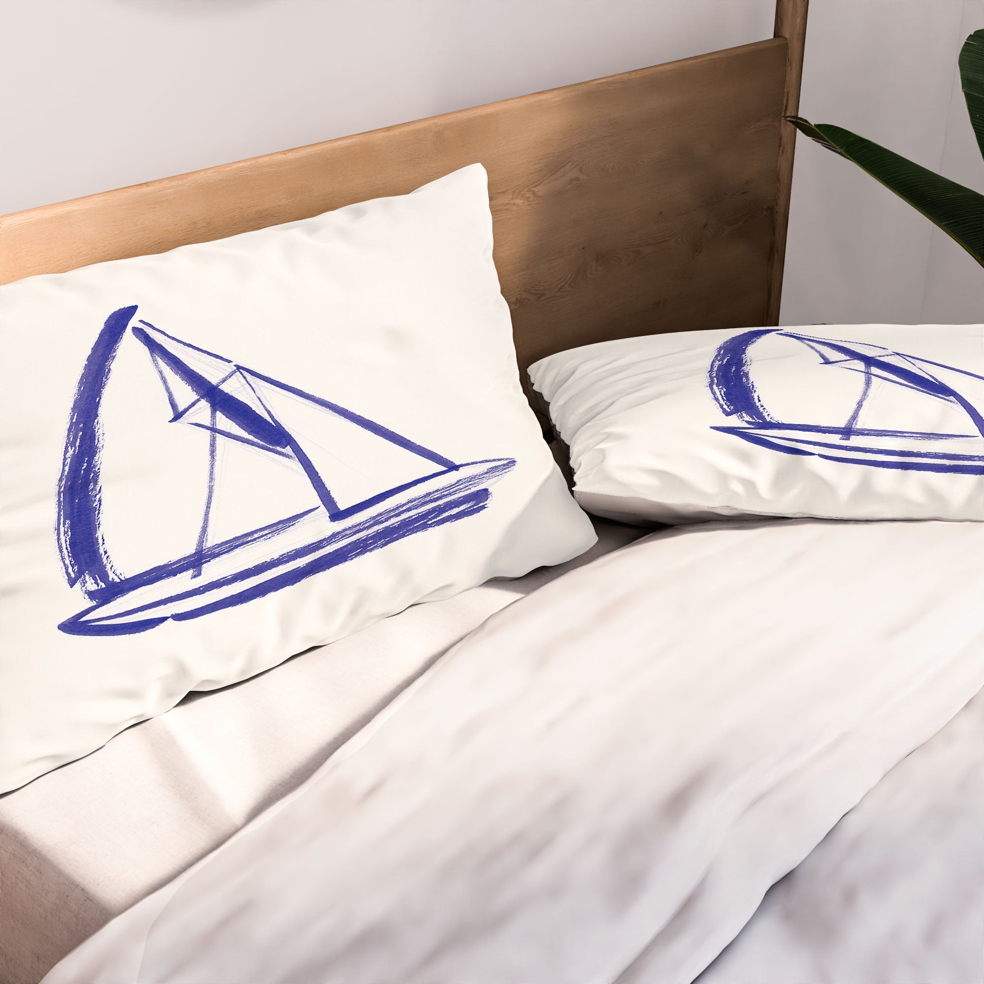 Intemporalis Sailboat Drawing Blue White Pillow Shams