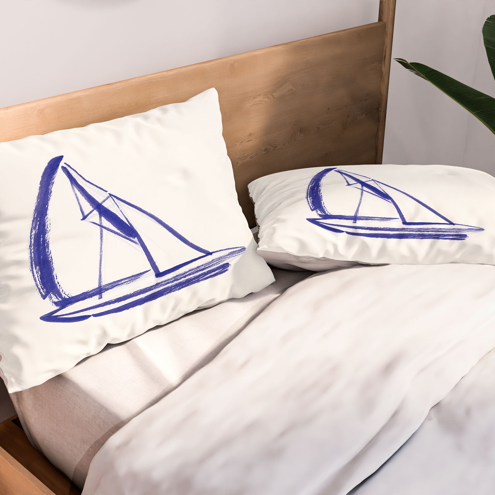 Intemporalis Sailboat Drawing Blue White Pillow Shams