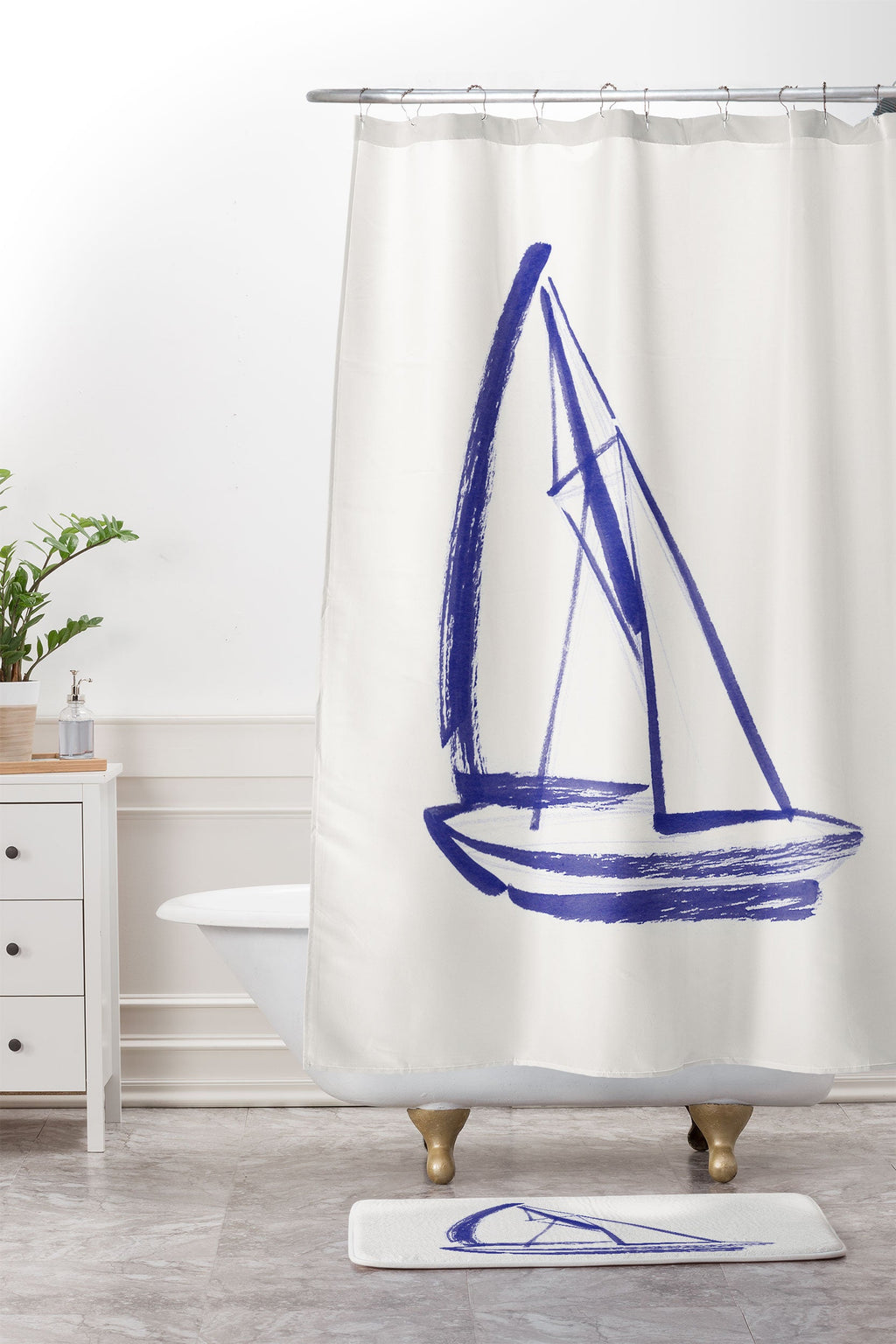 Intemporalis Sailboat Drawing Blue White Memory Foam Bath Mat