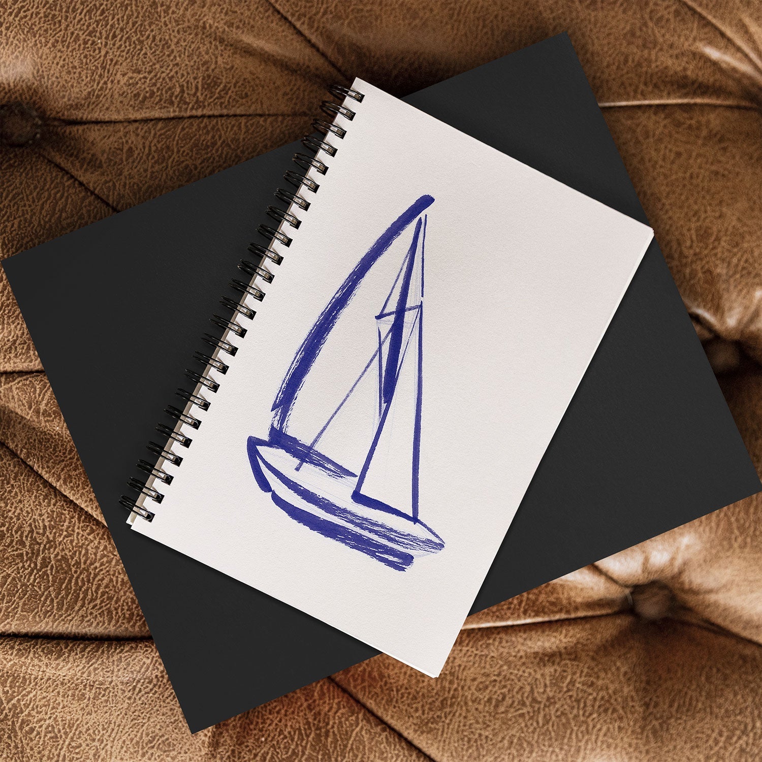 Intemporalis Sailboat Drawing Blue White Spiral Notebook