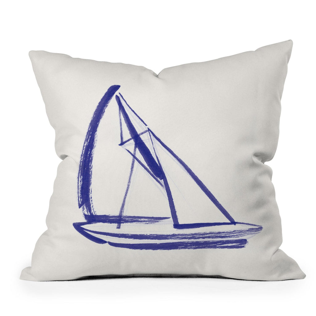 Intemporalis Sailboat Drawing Blue White Outdoor Throw Pillow