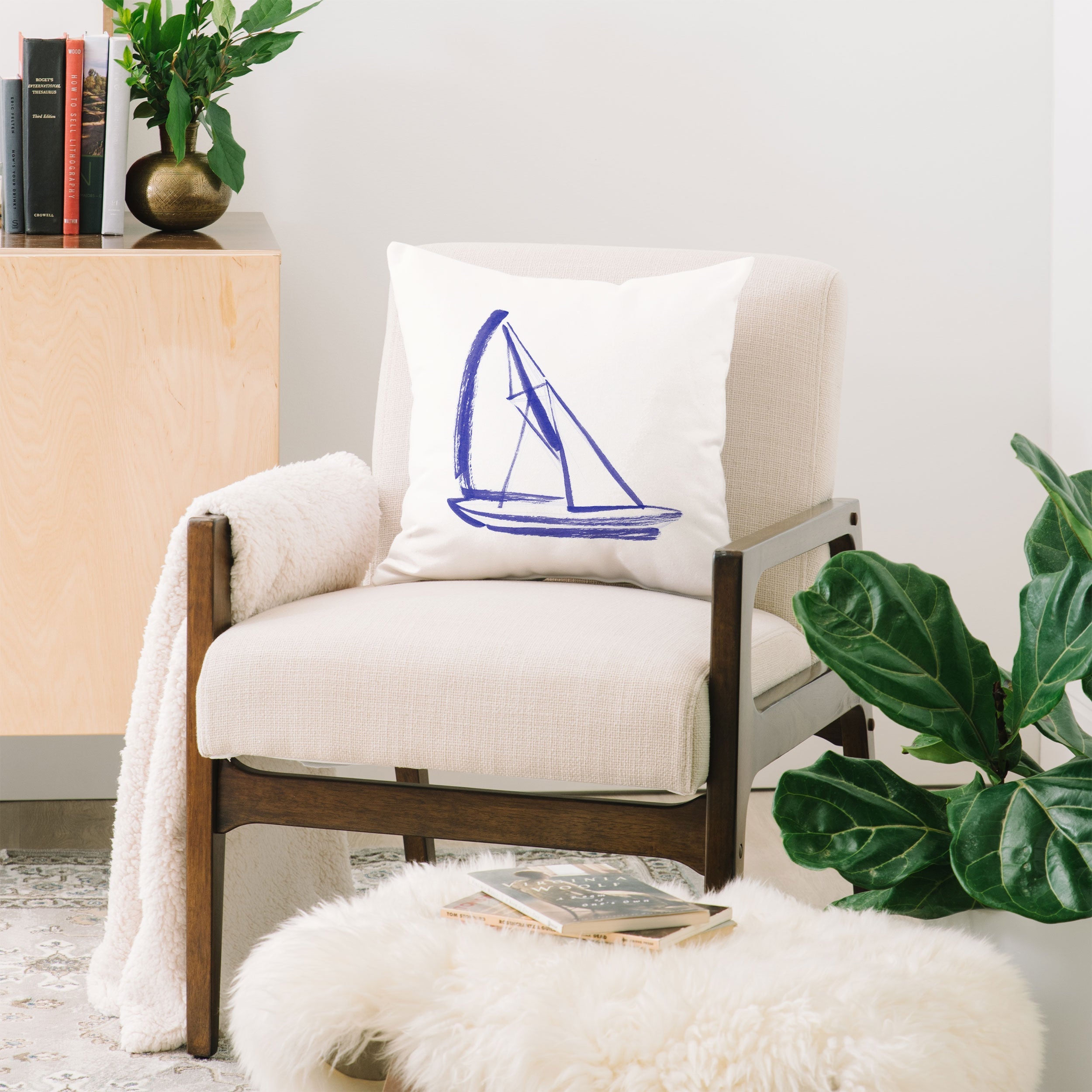 Intemporalis Sailboat Drawing Blue White Throw Pillow