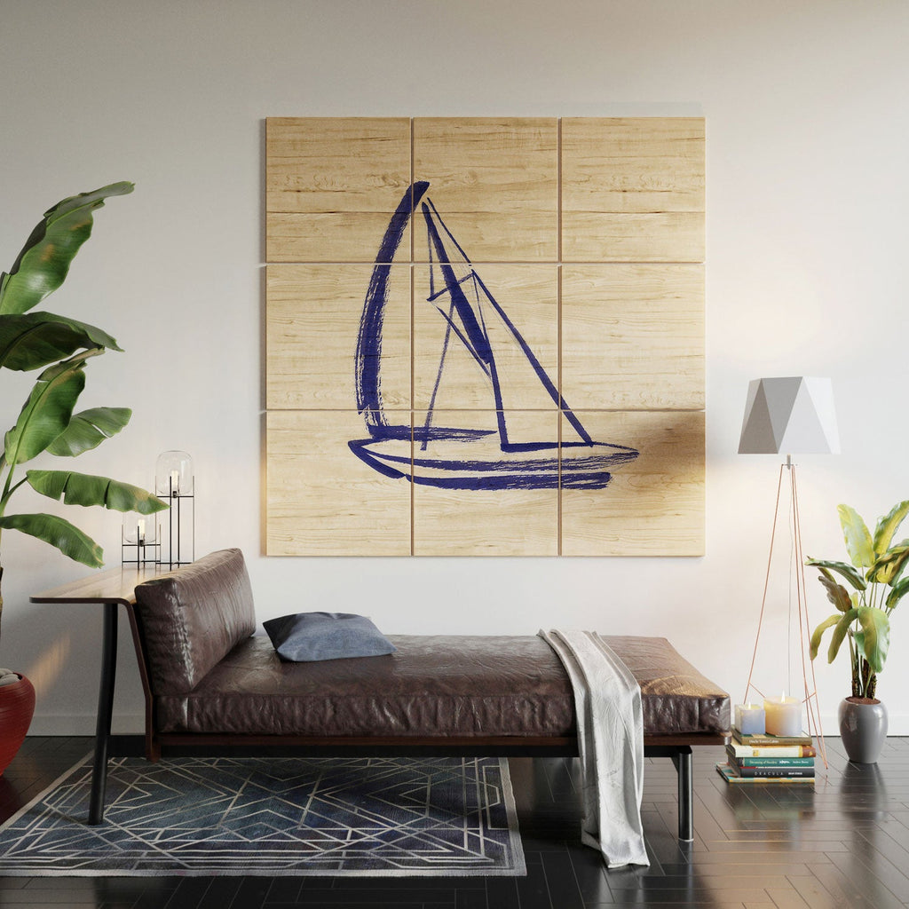 Intemporalis Sailboat Drawing Blue White Wood Wall Mural