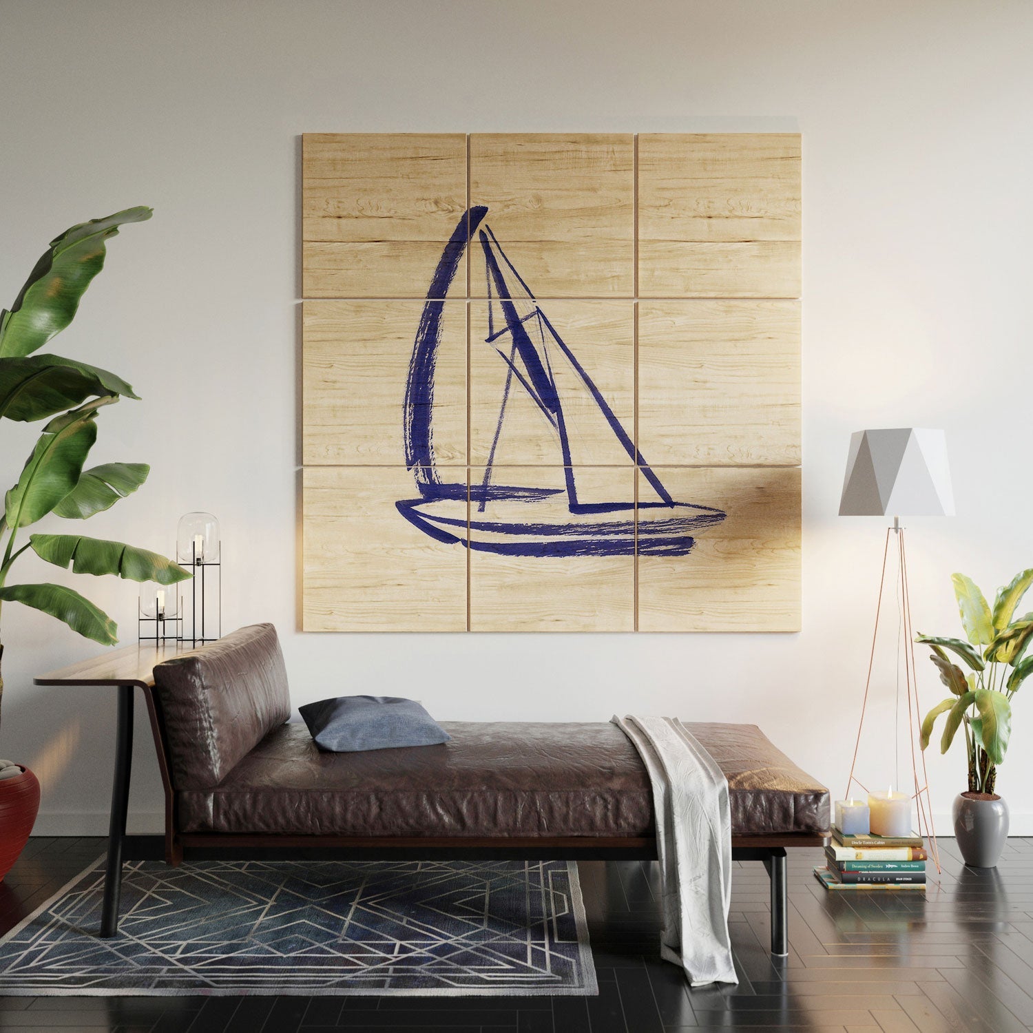 Intemporalis Sailboat Drawing Blue White Wood Wall Mural