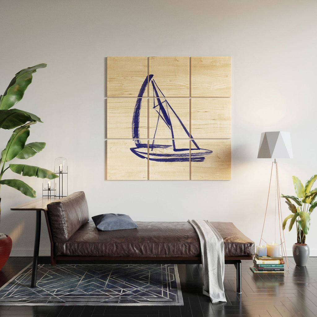 Intemporalis Sailboat Drawing Blue White Wood Wall Mural