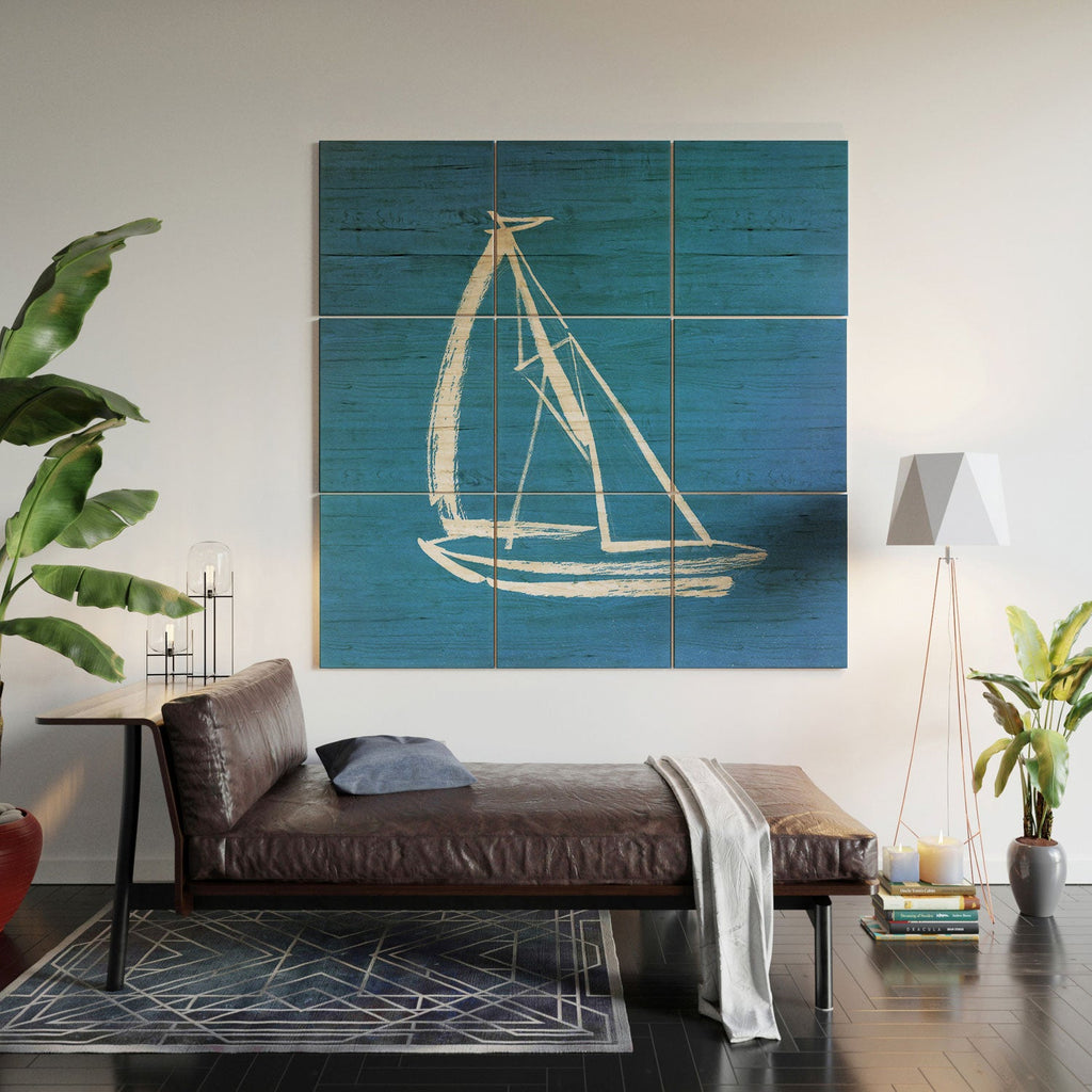 Intemporalis Sailboat Drawing Blue Wood Wall Mural