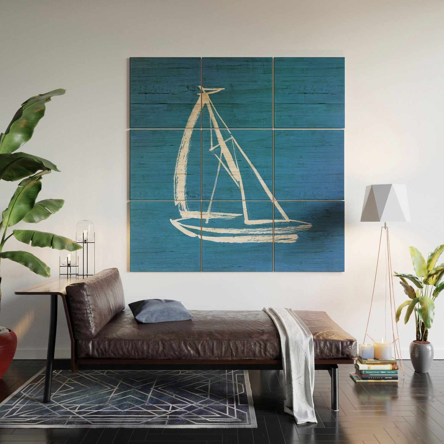 Intemporalis Sailboat Drawing Blue Wood Wall Mural