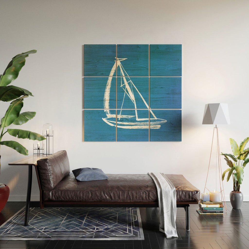Intemporalis Sailboat Drawing Blue Wood Wall Mural