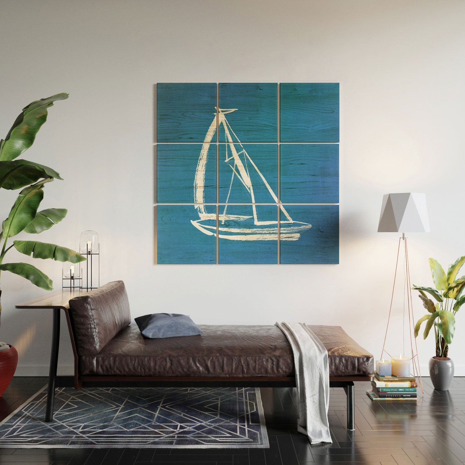 Intemporalis Sailboat Drawing Blue Wood Wall Mural