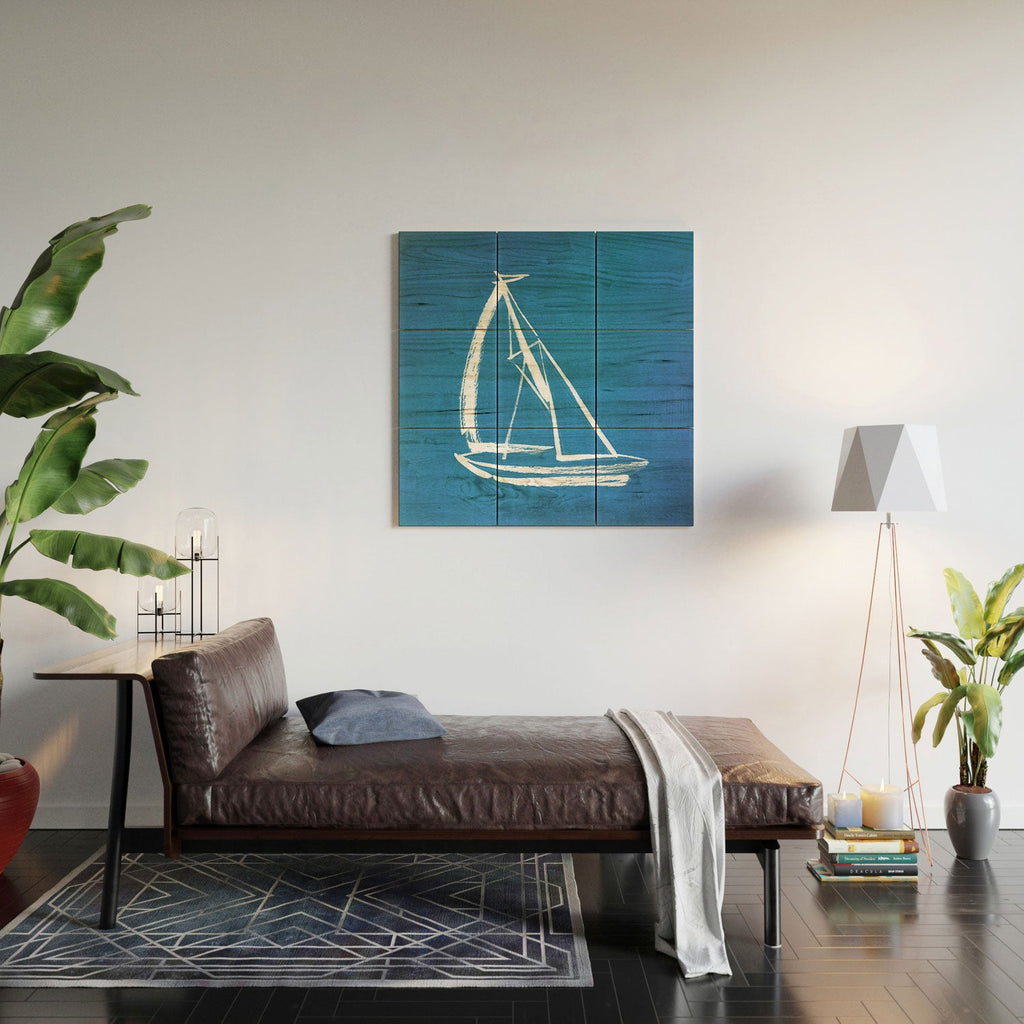 Intemporalis Sailboat Drawing Blue Wood Wall Mural