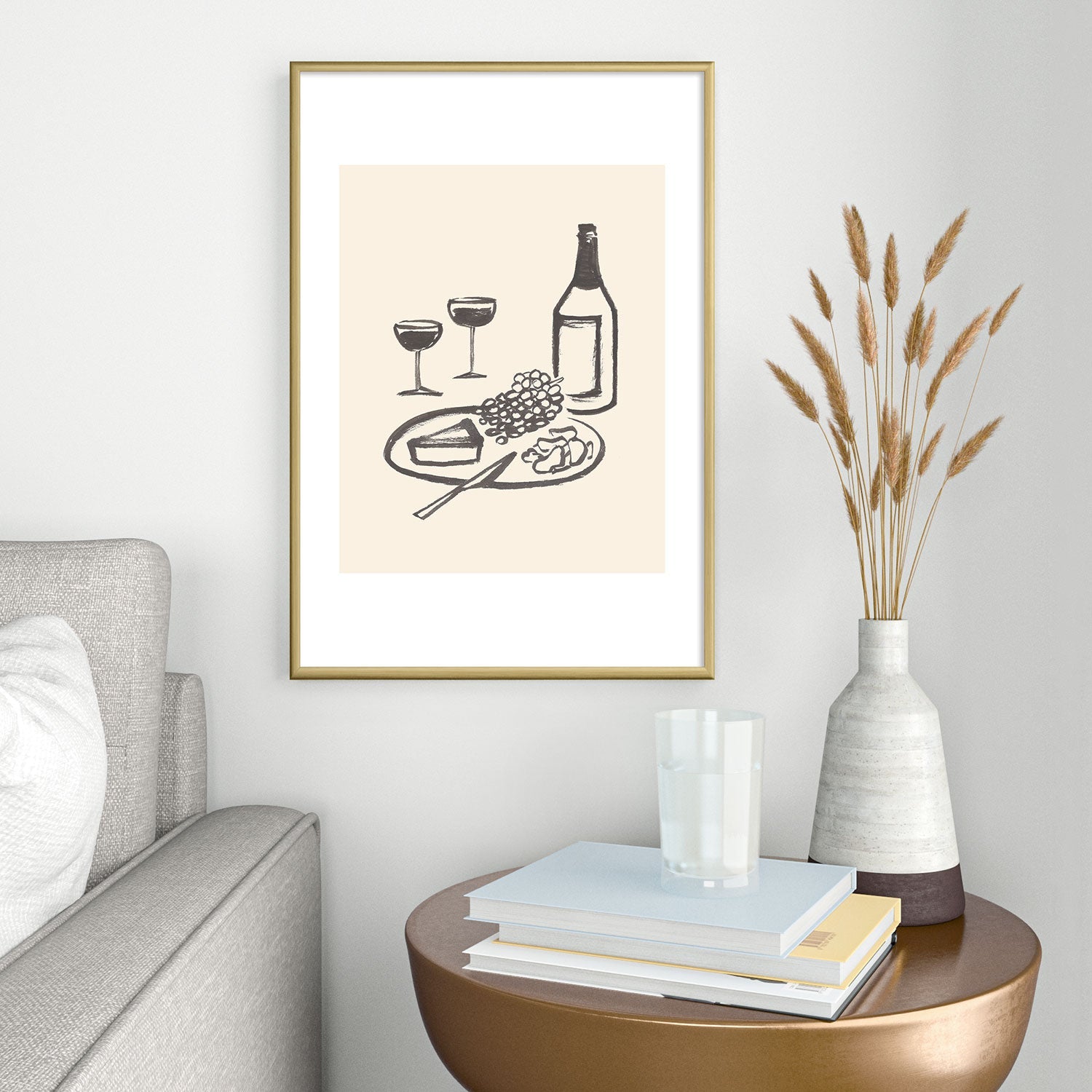 Intemporalis Wine and Cheese Aperitivo BW Metal Framed Art Print