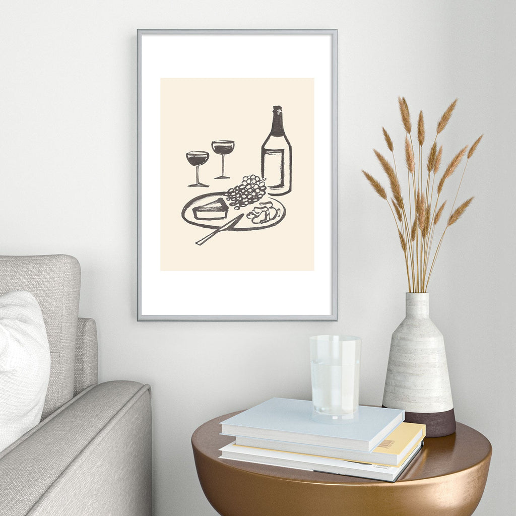 Intemporalis Wine and Cheese Aperitivo BW Metal Framed Art Print