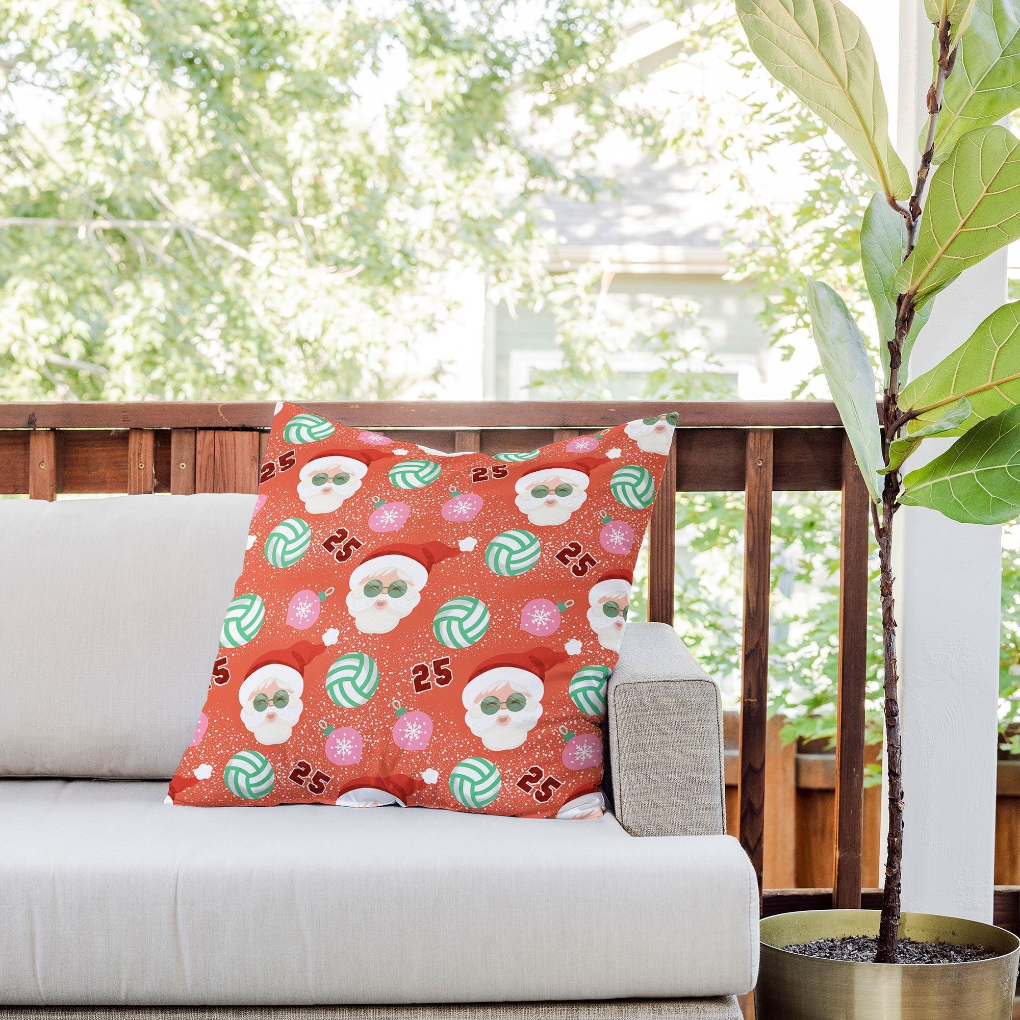 Design by Spark Sporty Volleyball Santa Outdoor Throw Pillow