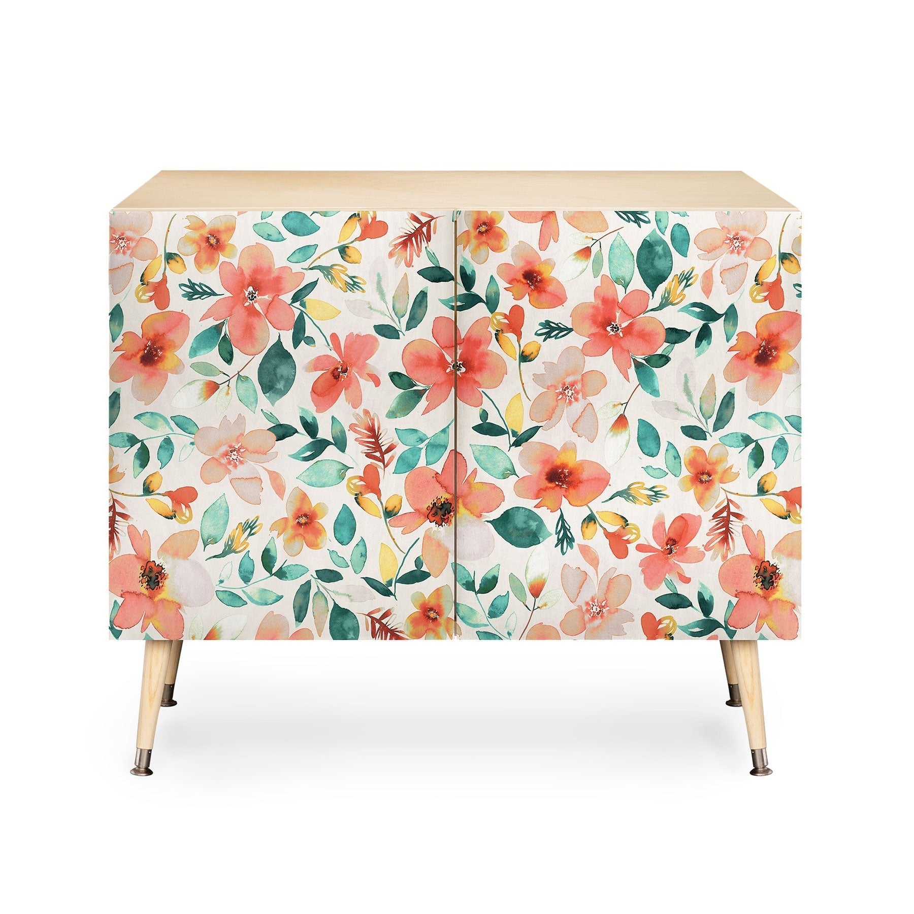 Ninola Design Botanic Retreat Tropical Whimsical Flowers Coral Green Credenza