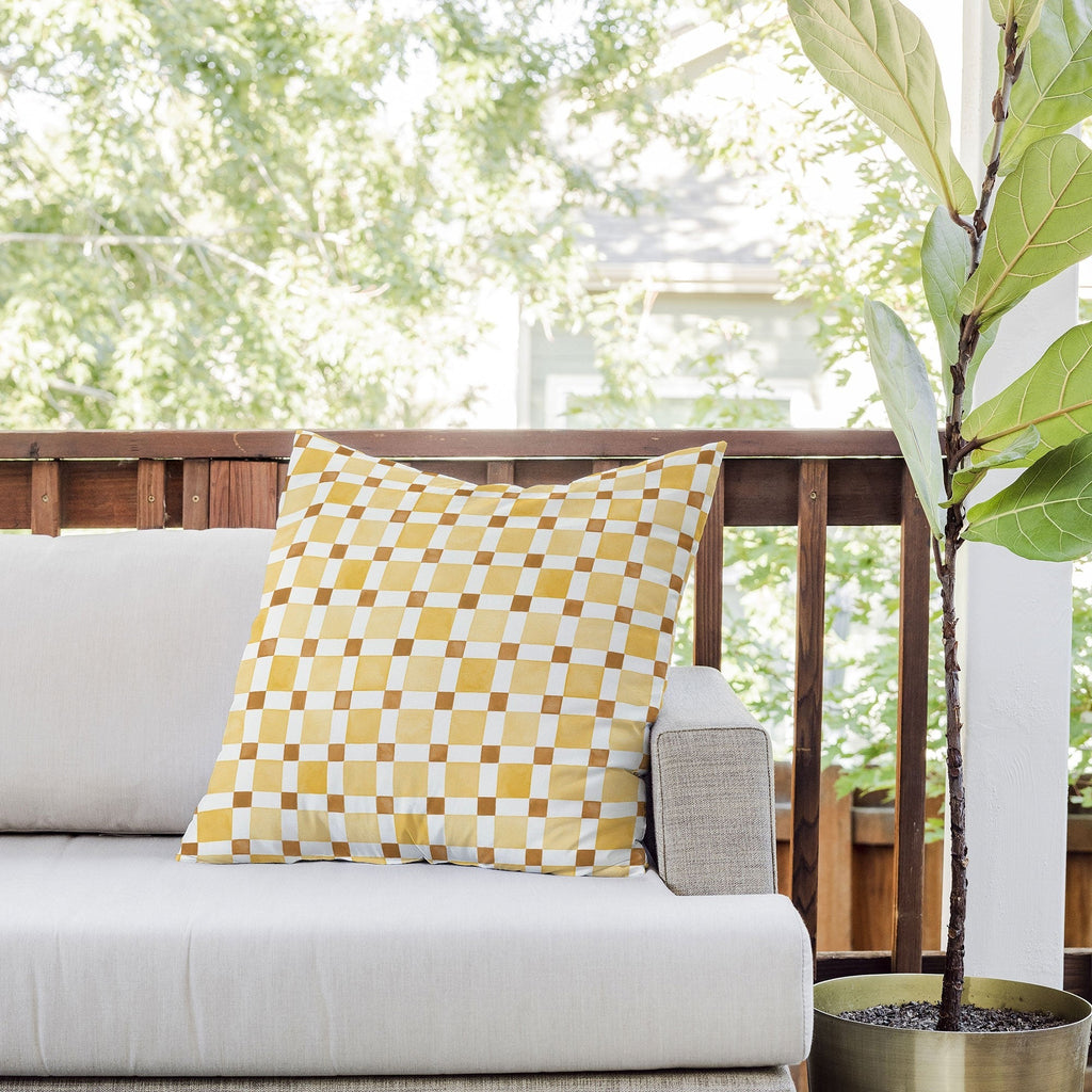 Ninola Design Everyday Artifact Checker Mosaic Tiles Geometry Yellow Outdoor Throw Pillow