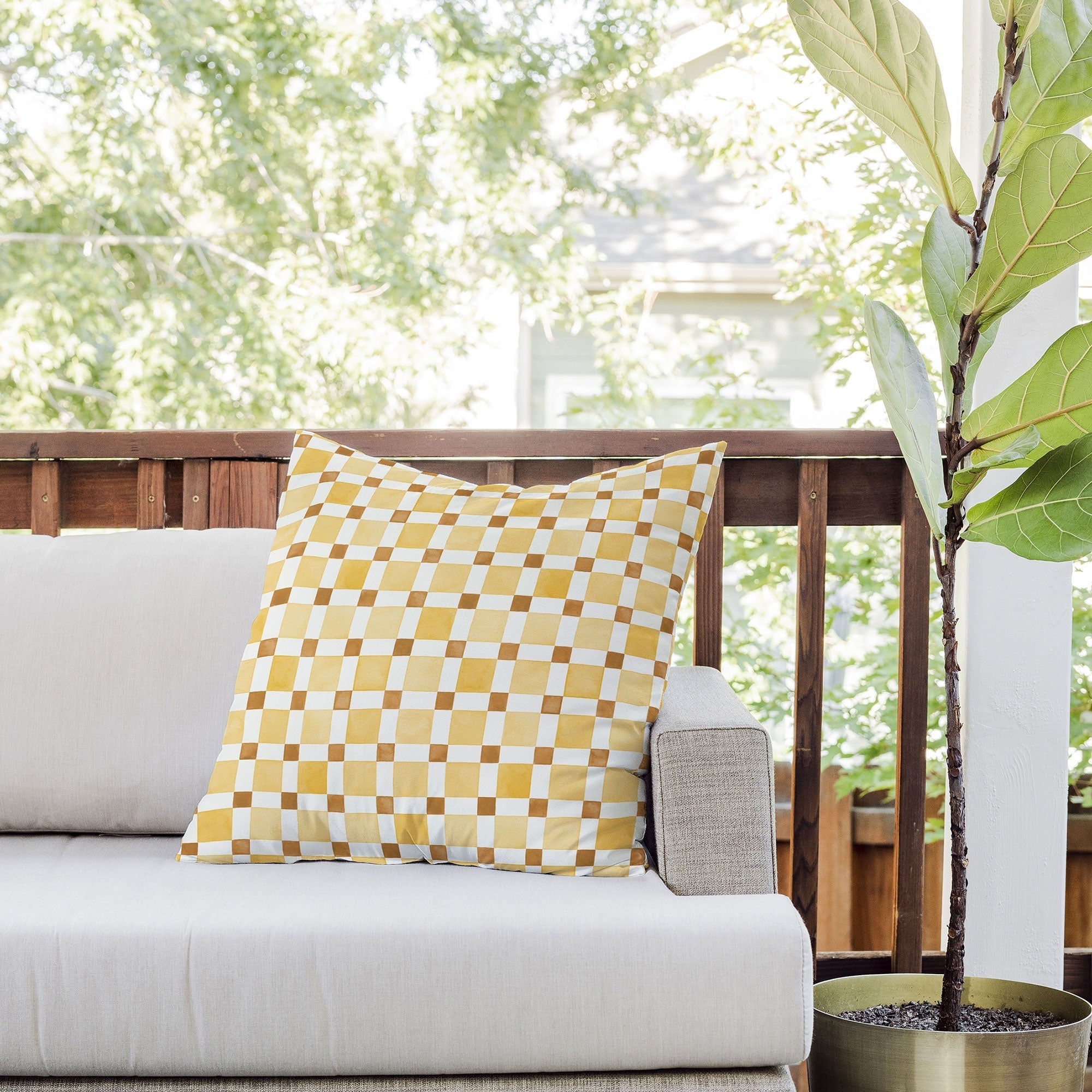 Ninola Design Everyday Artifact Checker Mosaic Tiles Geometry Yellow Outdoor Throw Pillow
