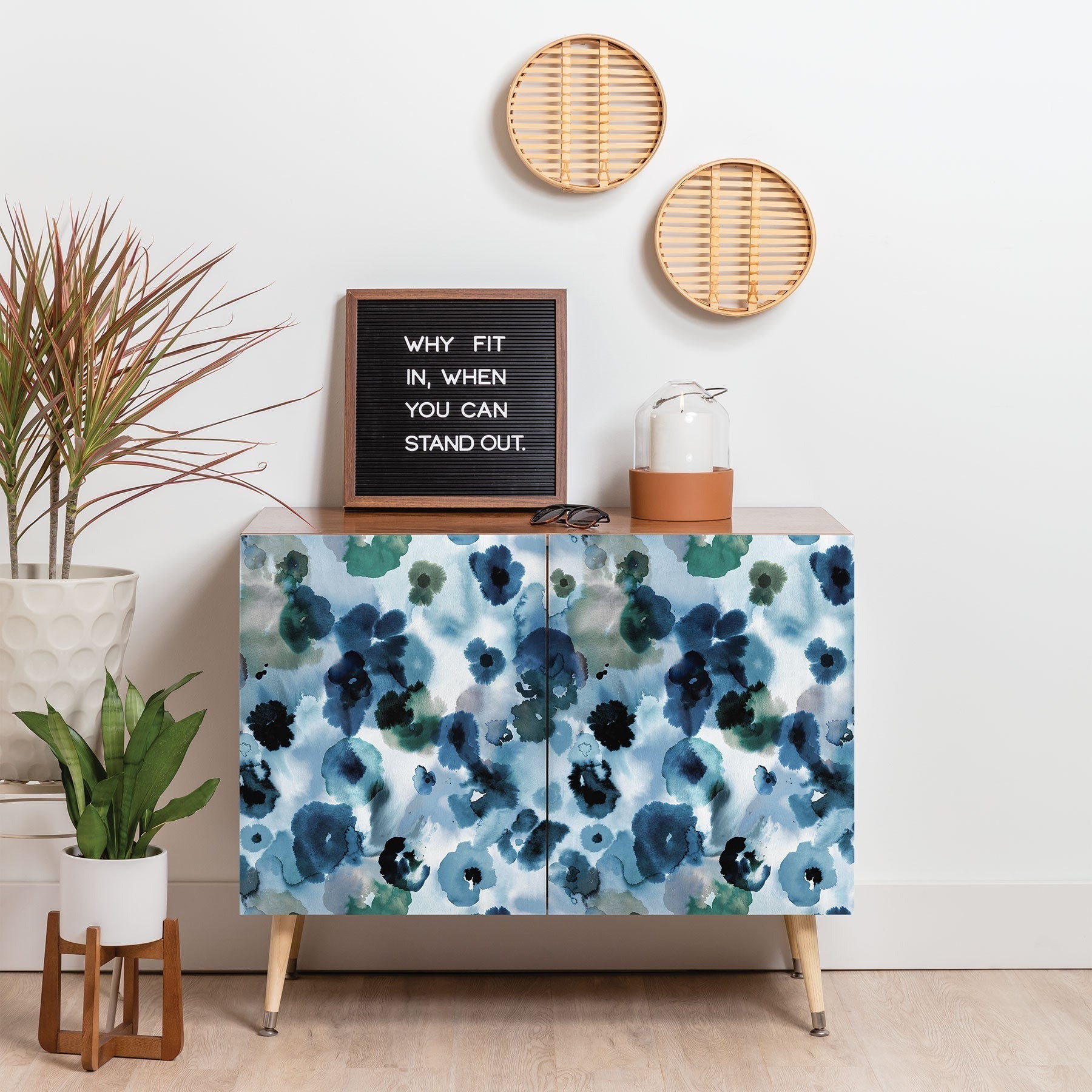 Ninola Design Botanic Retreat Ombre Abstract Watercolor Flowers Blue Navy Credenza