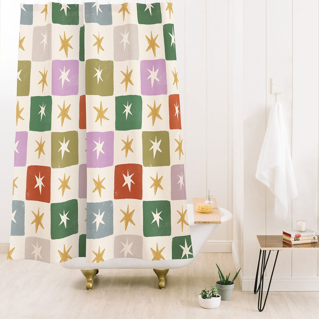LouBruzzoni Retro Star Block Pattern Shower Curtain
