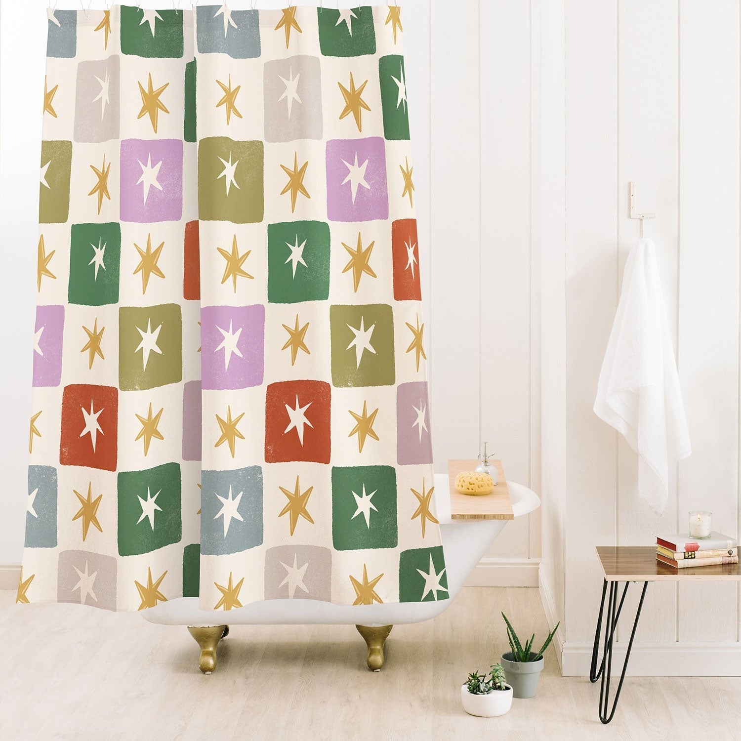 LouBruzzoni Retro Star Block Pattern Shower Curtain