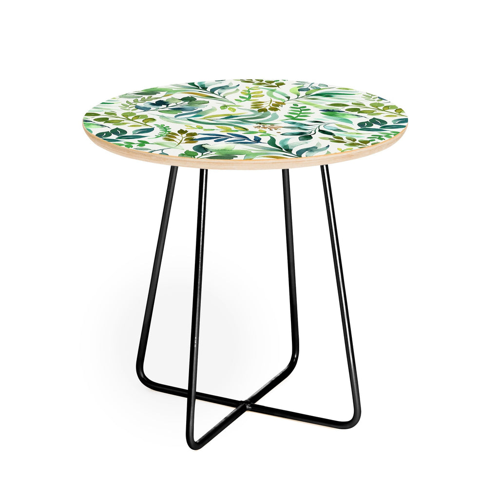Ninola Design Botanic Retreat Loose Botanical Leaves Watercolor Green Round Side Table