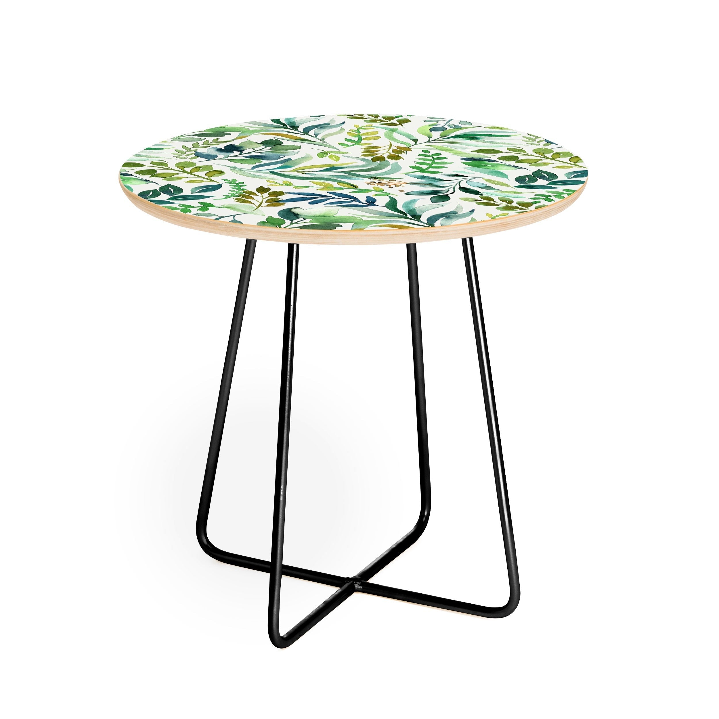 Ninola Design Botanic Retreat Loose Botanical Leaves Watercolor Green Round Side Table