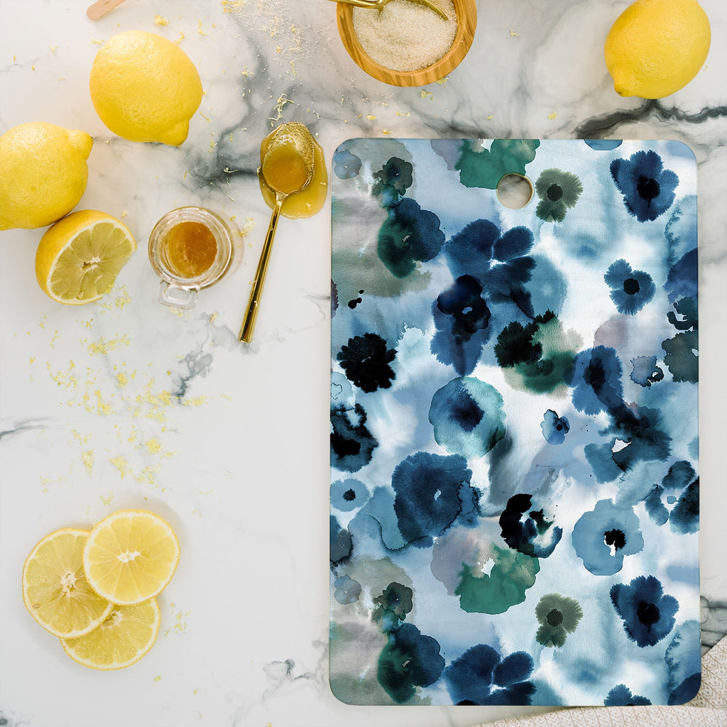 Ninola Design Botanic Retreat Ombre Abstract Watercolor Flowers Blue Navy Cutting Board Rectangle