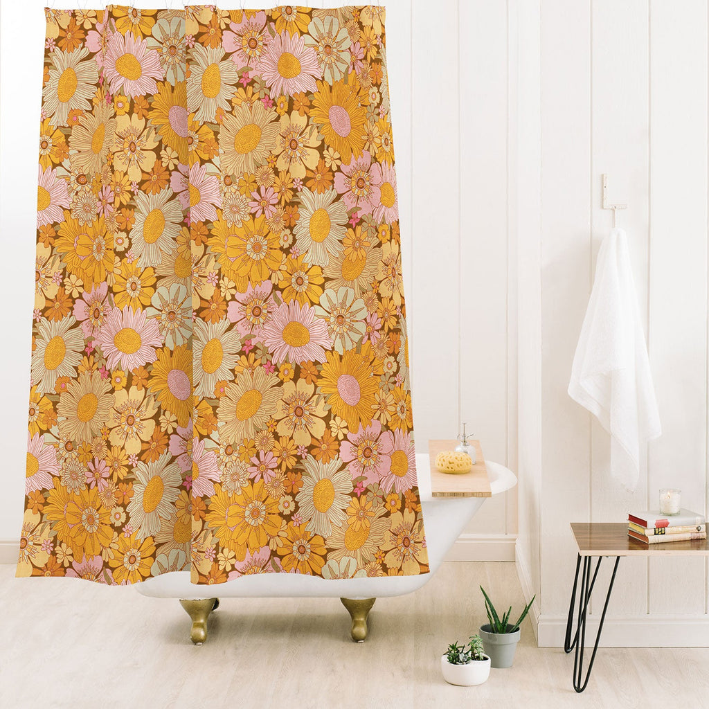 Iveta Abolina Retro Florals 70s Brown Shower Curtain