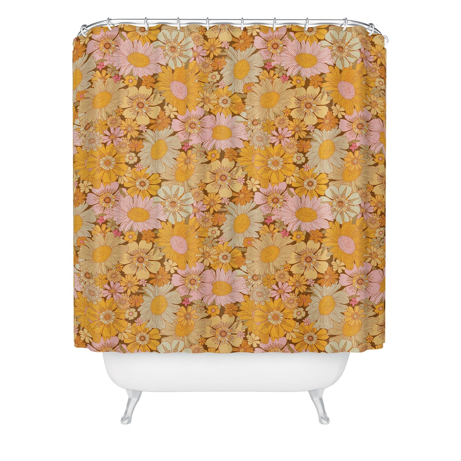 Iveta Abolina Retro Florals 70s Brown Shower Curtain