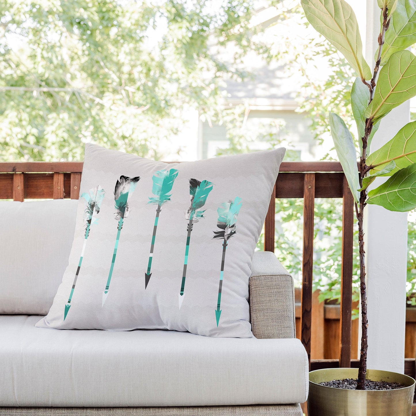 Iveta Abolina Teal Feathers Outdoor Throw Pillow